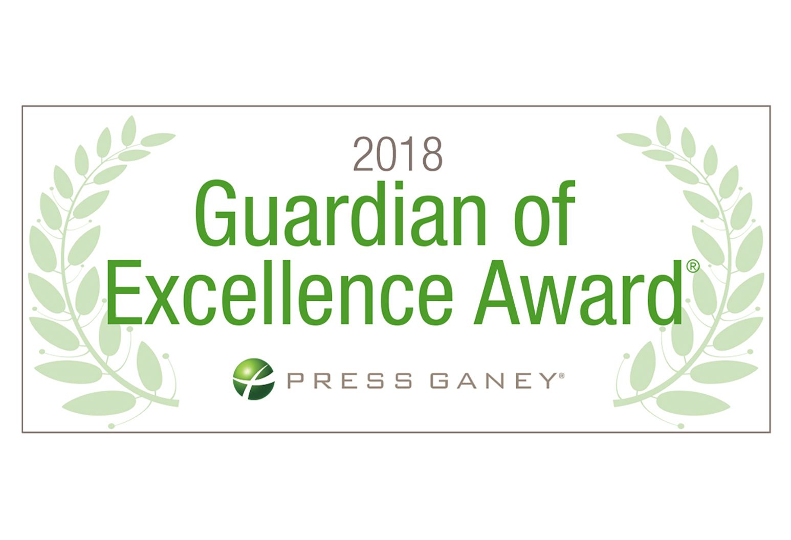 A badge from Press Ganey stating "Guardian of Excellence Award - 2018"