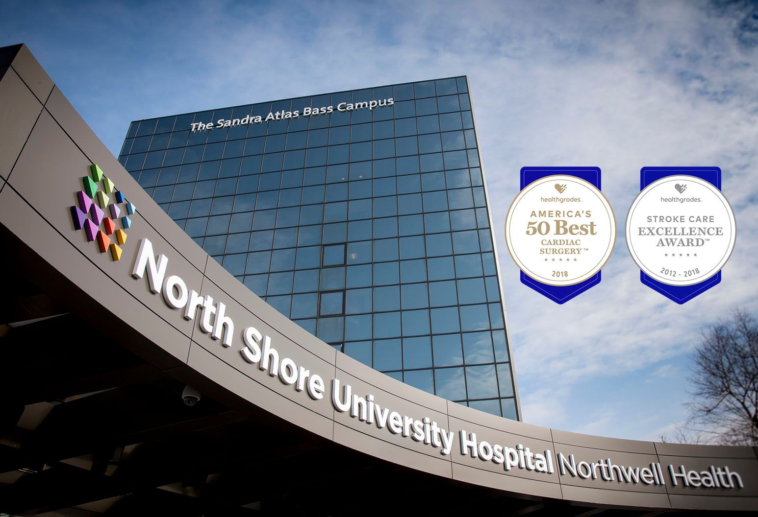 Exterior of North Shore University Hospital building with The Sandra Atlas Bass Campus building in the background