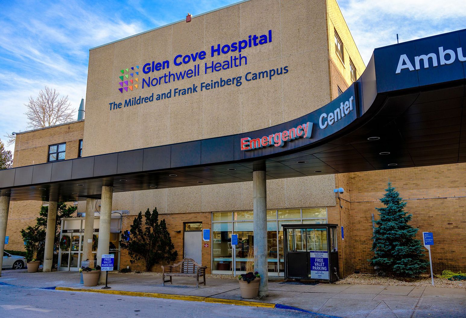 Exterior of Glen Cove Hospital focusing on the Emergency entrance.