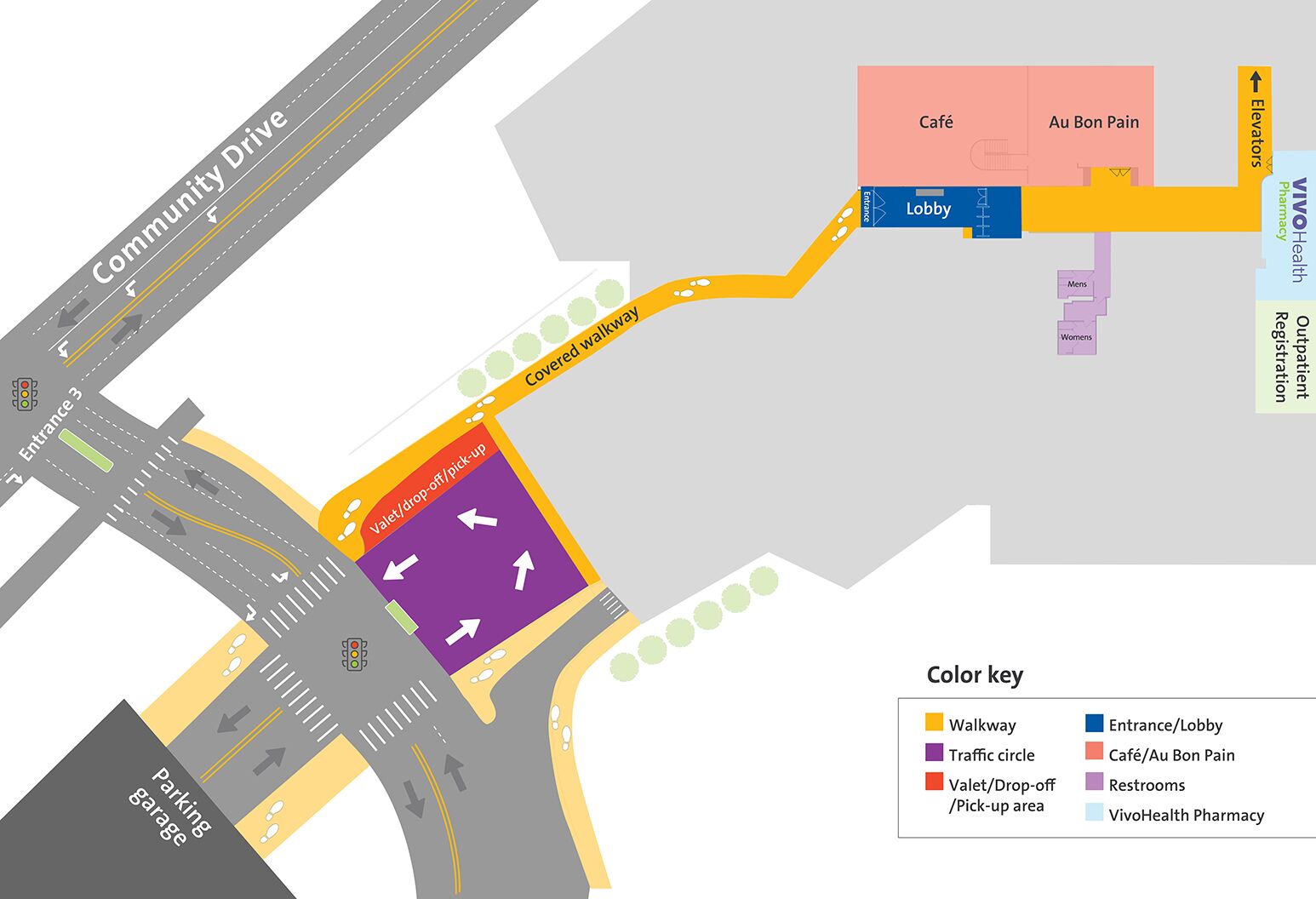 Main entrance walkway, valet, drop-off and pick-up areas at North Shore University Hospital.