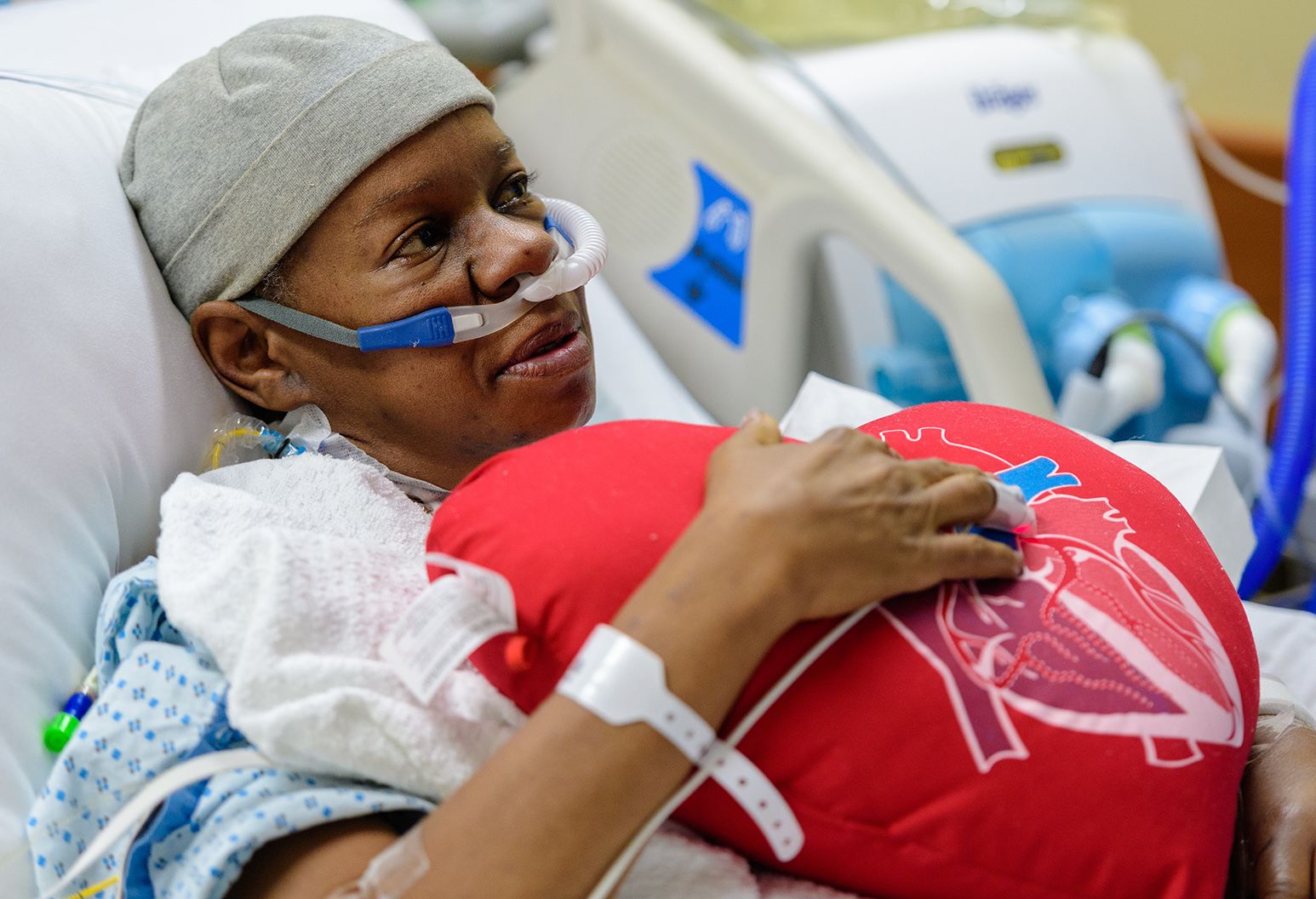 The Well heart transplant Yvonne Fleming holding heart pillow