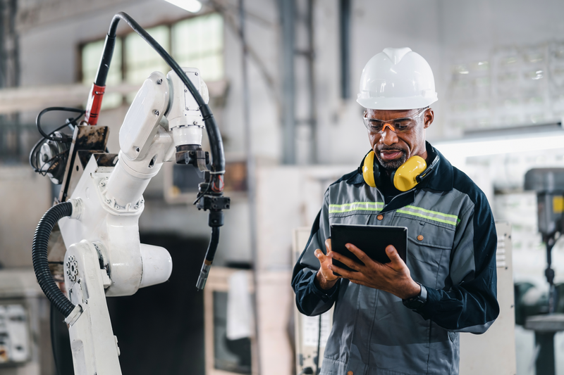 Engineer working automatic robotic arm machine in factory.
