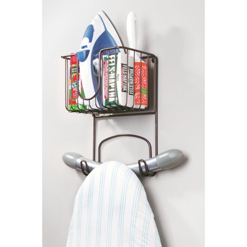 mDesign Metal Wall Mount Ironing Board Holder with Small Storage Basket