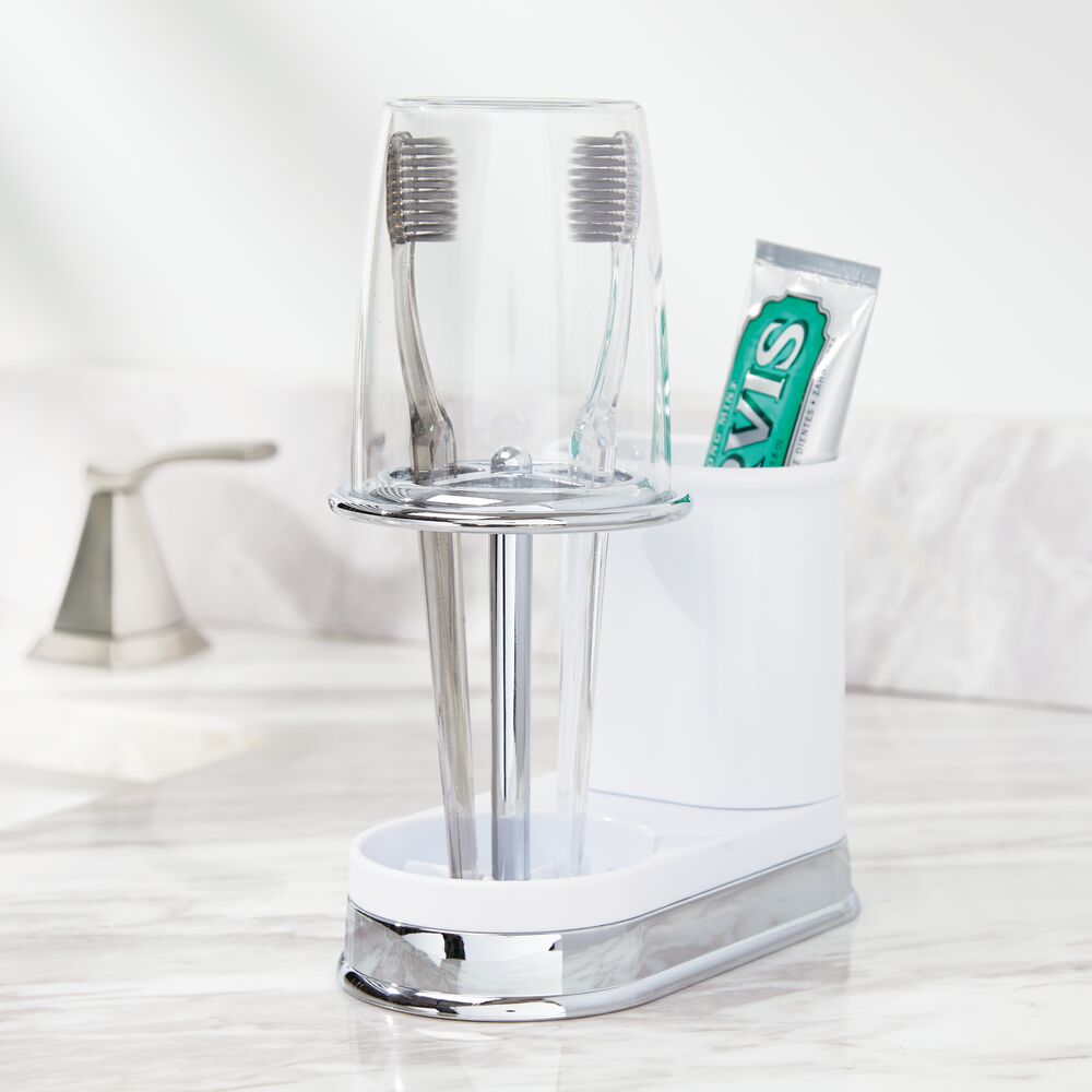 mDesign Toothpaste/Toothbrush Holder Stand Center Rinse Cup/Cover White ...