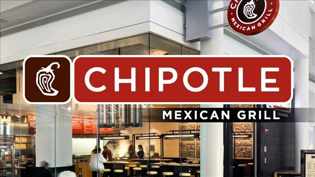 Chipotle logo layered over shot of store front. Chipotle