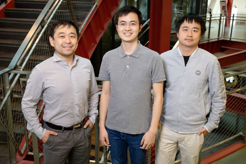 From left: Kaiyu Guan, professor of natural resources and environmental sciences; Yunan Luo, graduate student; and Jian Peng, professor of computer science Professor Kaiyu Guan, left, graduate student Yunan Luo and professor Jian Peng